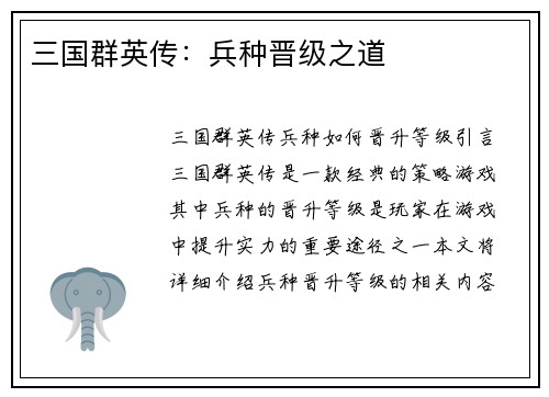 三国群英传：兵种晋级之道